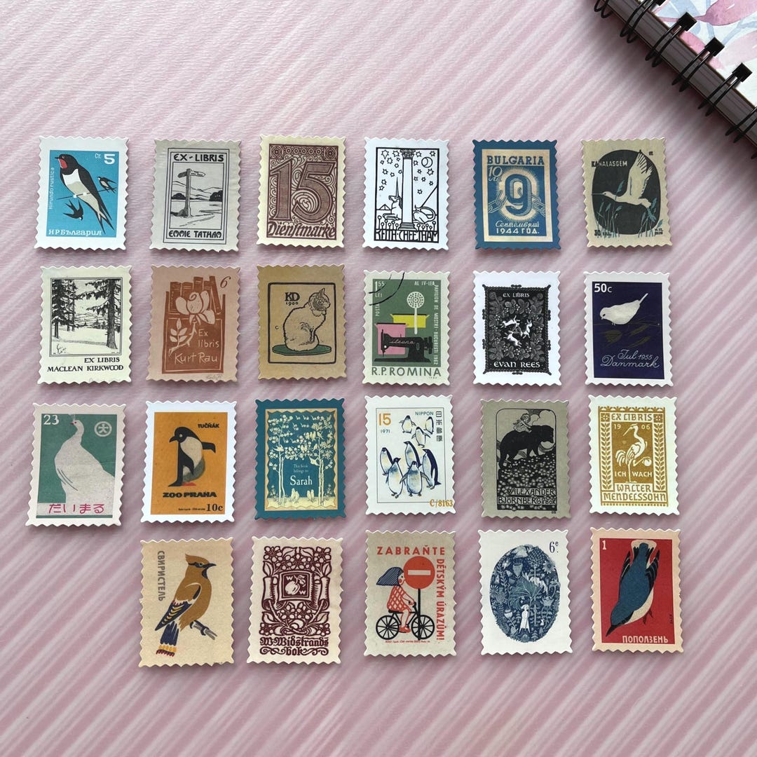 Vintage Illustration Postage Stamp Stickers, Retro Art (23 Pieces) - Etsy