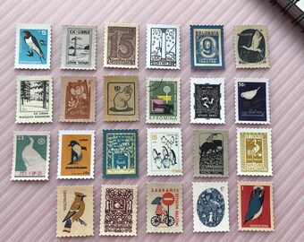 Vintage Illustration Postage Stamp Stickers, Retro Art (23 Pieces)