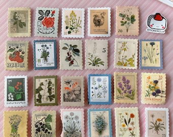 Vintage Floral Stamp Stickers: Retro Botanical Decals (23 Pieces)