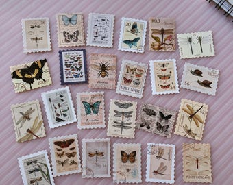 Vintage Insect Postage Stamp Stickers , Butterfly Dragonfly Aesthetic Sticker Pack , Junk Journal, Scrapbooking, Pen Pal and Nature Decor