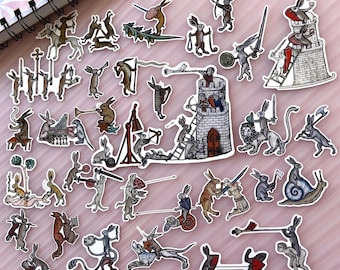 Medieval Bunny Mini Stickers 32 PCS, Illuminated Manuscript Rabbit Ephemera Journal Supplies