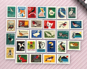 30pcs Vintage Stamp Stickers: Fox, Horse, Cats, Birds , Insects, Forest Animals Retro Decals