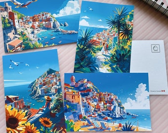 Conjunto de impresiones de Cinque Terre, Italia: Ilustración de la costa de Amalfi, postales y pegatinas