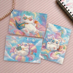 Verträumte Katze Postkarten Aufkleber Set, süsse Katze, die auf den Wolken Karten liest, Pastell Lesekatze Art Print, wunderliches Schreibwaren Geschenk für Buchliebhaber