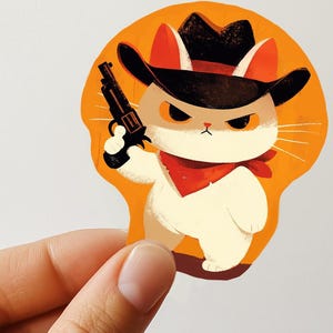 Sticker chat cowboy western, carte postale, mini impression d'art mural, shérif chat mignon imprimé désert, sticker meme aventure Far West, sticker pour ordinateur portable
