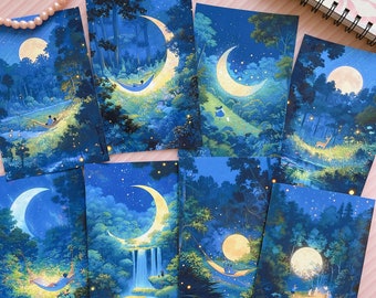 Set de postales Luna y Bosque: Pegatinas de Noche Estrellada, Arte Mural Natural