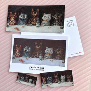 Louis Wain Cat Party Glossy or Matte Sticker & Postcard,  The Bachelor Party,  Funny Cats drinking wine Art mini Print, Cute Cat sticker