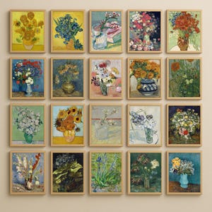 May include: A collection of 18 framed paintings featuring various floral arrangements in different styles and colours. The paintings are arranged in a grid pattern on a wall.