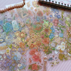 8 Arten 3D Gold Foil Blumen Aufkleber Blatt, Transparent PET Journal Aufkleber, Scrapbook dekorative holographische ästhetische Aufkleber, Laptop Aufkleber