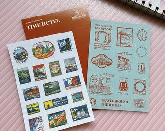 May include: A set of vintage-style travel stickers featuring illustrations of hotels, landmarks, and transportation. The stickers are printed on white paper with a red, blue, and brown color scheme. The stickers are arranged in a grid pattern on a light pink surface. The text on the stickers includes the names of hotels, cities, and countries.