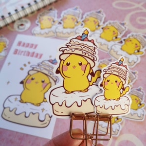 May include: A set of 10 yellow Pikachu character stickers with a birthday cake theme. The stickers feature Pikachu wearing a birthday hat and holding a cake. The stickers are perfect for adding a fun and festive touch to any birthday celebration.