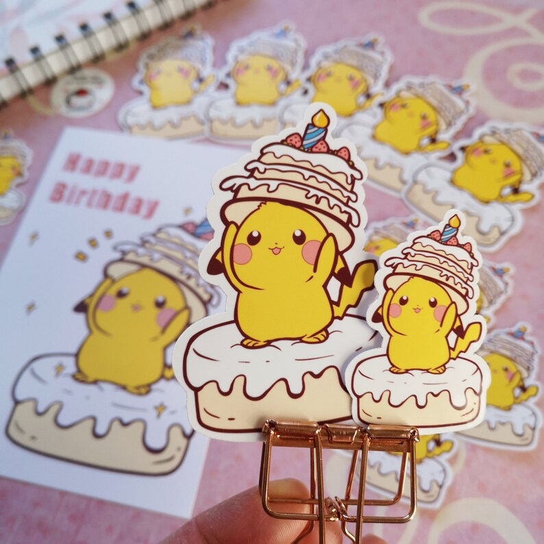 May include: A set of 10 yellow Pikachu character stickers with a birthday cake theme. The stickers feature Pikachu wearing a birthday hat and holding a cake. The stickers are perfect for adding a fun and festive touch to any birthday celebration.