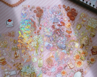Holographic Flower Sticker Sheet: Gold Foil PET Stickers for Journaling