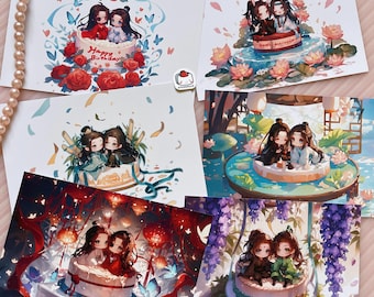 Chibi Danmei birthday cake postcards, Boy love stickers, BL mini print
