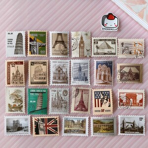 Travel postage stamps. Vintage stamp with national landmarks, retro st By  WinWin_artlab