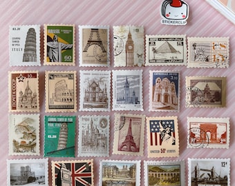 Vintage World Landmark Stamp Stickers: Retro Travel Scrapbooking