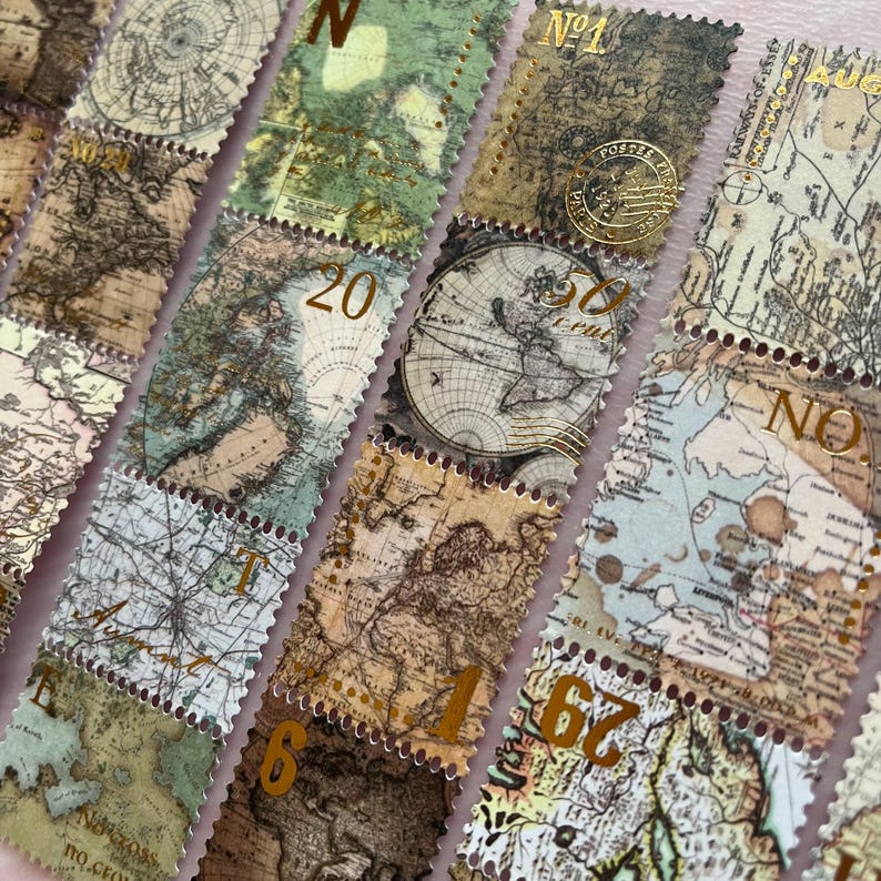 Vintage World Map Gold Foil Washi Stamp Sticker Pack 60PCS, Cartography ...