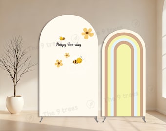 Happy Bee-Day Birthday Arch Cover: Honeycomb Bee Flower Polyester Photo Props Backdrop