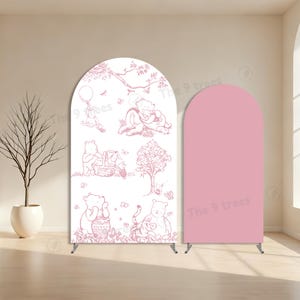 Puede incluir: Dos paneles de fondo arqueados. Uno es blanco con ilustraciones rosas de Winnie the Pooh. El otro es rosa liso. Ambos están soportados por soportes metálicos. El telón de fondo es adecuado para una fiesta o evento.