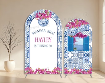 Greek Blue Tiles & Bougainville Mamma Mia Arch Backdrop Cover:Custom 30th Birthday Party Decoration