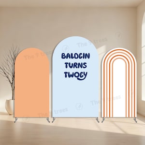 Può includere: Tre pannelli di sfondo ad arco. Uno è color pesca, uno è azzurro con il testo "BALDEIN TURNS TWOEY" in blu navy e il terzo è bianco con strisce arancioni. Tutti i pannelli hanno supporti in metallo argentato.