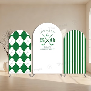 Arco de fundo para festa de aniversário de 50 e 60 anos com tema "Vamos jogar golfe": Celebração de Hole-in-One, Decoração para festa de aniversário inspirada no Masters