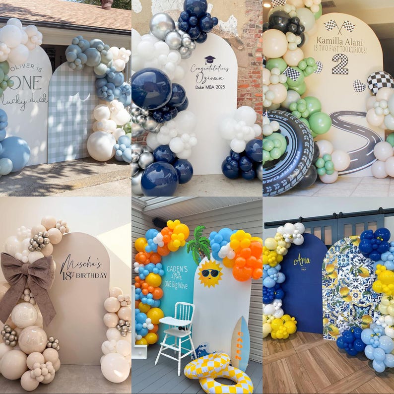May include: A collection of six arched event backdrops featuring various balloon garlands in diverse color palettes, including blue, white, silver, green, and yellow, with personalized text, graphic prints, and decorative party themes.