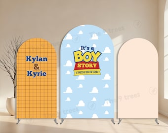 Toy Story Twins Edition Photo Arch Backdrop Cover:Boy Blue Cloud Birthday Party Background Banner