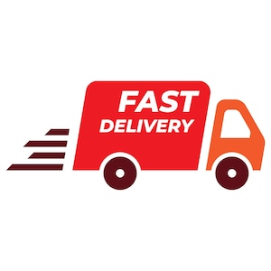 May include: A red delivery truck with the words "FAST DELIVERY" in white. The truck has an orange cab and dark brown wheels. Horizontal lines extend from the truck, suggesting speed. The image is on a white background.