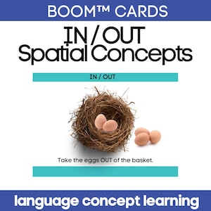 May include: A brown bird's nest with three eggs inside. Three more eggs are outside the nest. The text "Take the eggs OUT of the basket." is below the image. The text "IN/OUT Spatial Concepts" is at the top of the image.