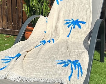 Serviette de plage imprimée à la main Blue Palm, Peshtemal, jet turc personnalisé en coton biologique, couverture de yoga de méditation Boho