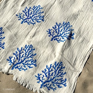Blue Coral Hand Printed Beach Towel, Peshtemal, Personalized Organic Cotton Turkish Throw, Boho Meditation Yoga Blanket