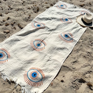 Serviette de plage imprimée à la main Evil Eye, Peshtemal, jeté turc en coton biologique personnalisé, couverture de yoga Boho Meditation image 3