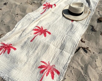 Serviette de plage imprimée à la main de palmier rouge, Peshtemal, jeté turc en coton biologique personnalisé, couverture de yoga Boho Meditation