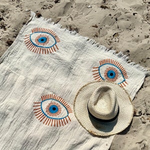 Evil Eye Hand Printed Beach Towel, Peshtemal, Personalized Organic Cotton Turkish Throw, Boho Meditation Yoga Blanket