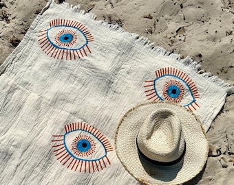 Evil Eye Hand Printed Beach Towel, Peshtemal, Personalized Organic Cotton Turkish Throw, Boho Meditation Yoga Blanket