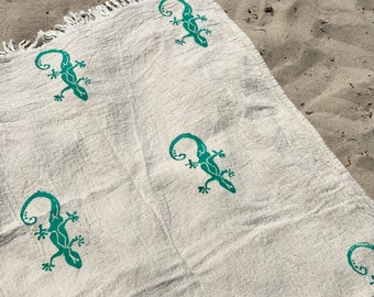 Groene salamander handgedrukt strandlaken, Peshtemal, gepersonaliseerde Turkse plaid van biologisch katoen, boho meditatie yogadeken