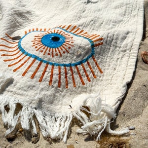 Serviette de plage imprimée à la main Evil Eye, Peshtemal, jeté turc en coton biologique personnalisé, couverture de yoga Boho Meditation image 5