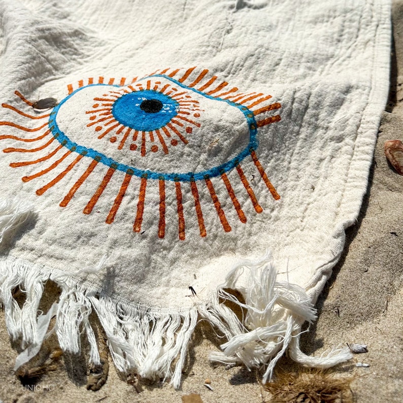 Serviette de plage imprimée à la main Evil Eye, Peshtemal, jeté turc en coton biologique personnalisé, couverture de yoga Boho Meditation image 5