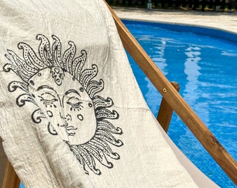 Black Sun Hand Printed Beach Towel, Peshtemal, Personalized Organic Cotton Turkish Throw, Boho Meditation Yoga Blanket