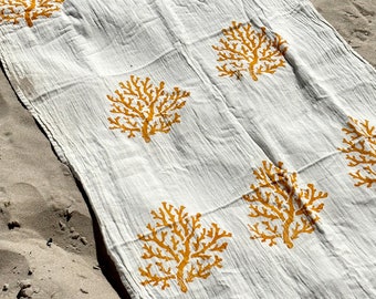 Yellow Coral Hand Printed Beach Towel, Peshtemal, Personalized Organic Cotton Turkish Throw, Boho Meditation Yoga Blanket
