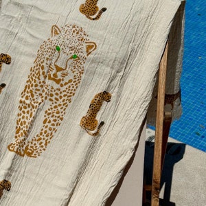 Leopard Hand Printed Beach Towel, Peshtemal, Personalized Organic Cotton Turkish Throw, Boho Meditation Yoga Blanket