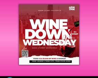 Wine Wednesday Club Lounge Bar Happy Hour diy easy to edit social media business hookah food Canva Template