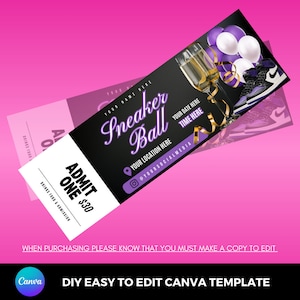 Sneaker Ball Purple party occasion celebration diy easy to edit printable Ticket Canva Template