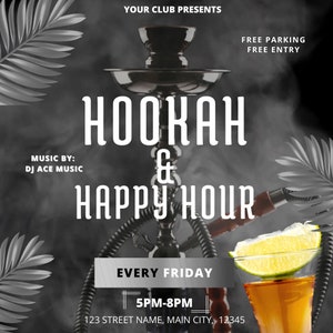 Hookah Club or Lounge Happy Hour Canva DIY easy to edit food drinks fun occasion birthday Template