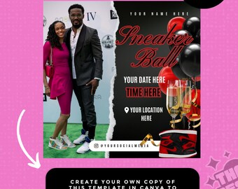 Sneaker Ball Party Flyer Canva Template easy to edit diy red white black gala birthday brunch celebration lounge event occasion