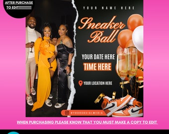 Sneaker Ball Party Flyer diy easy to edit orange celebration birthday Canva Template fun