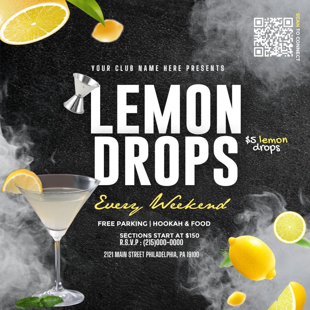 Lounge Club  diy easy to edit business social media content flyer lemon drop hookah food bar special deal Tequila Canva Template