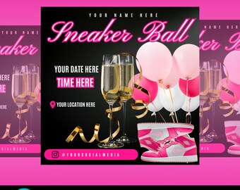 Sneaker Ball Party Flyer Canva Template easy to edit diy gala birthday celebration digital pink balloons