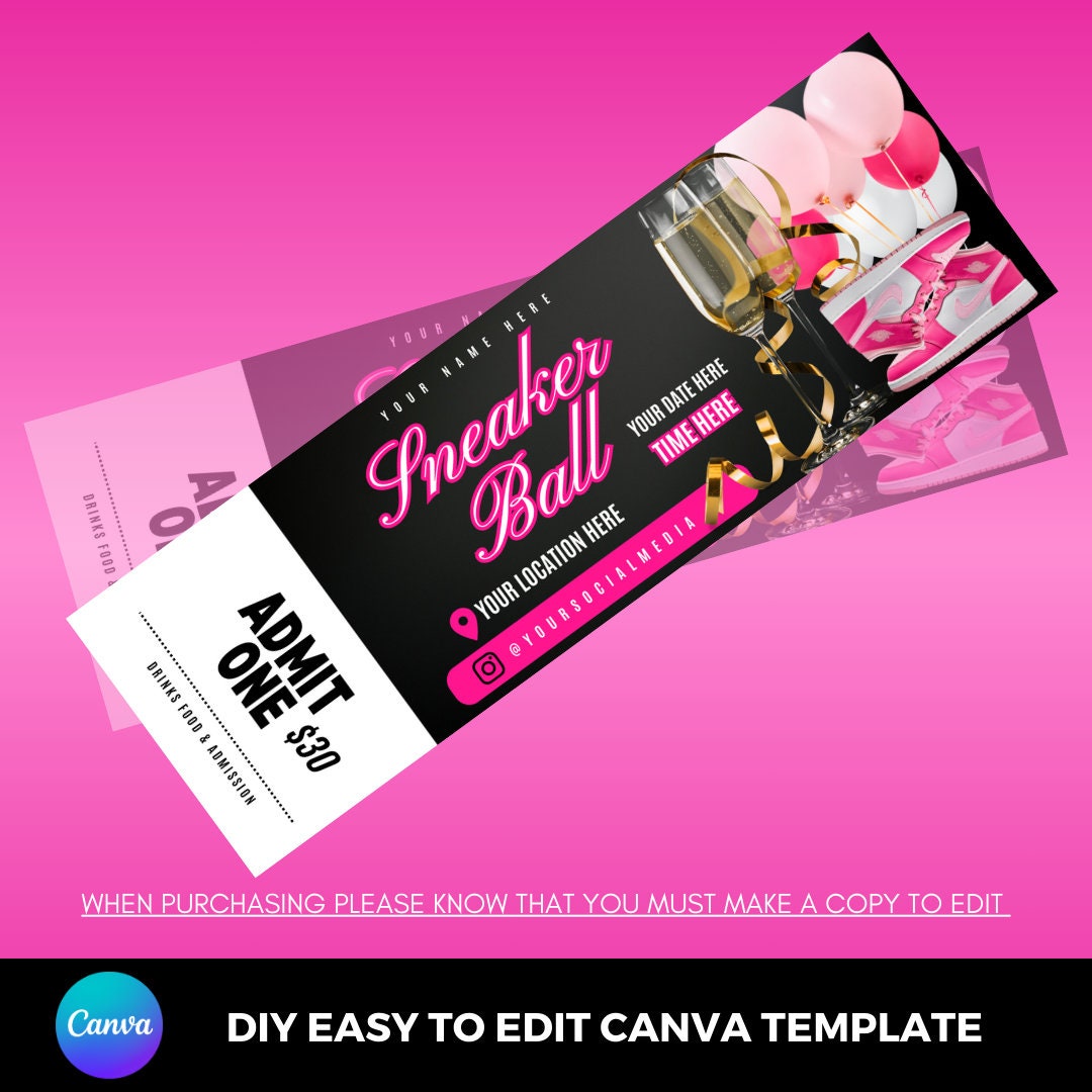 Sneaker Ball Pink party occasion celebration diy easy to edit printable Ticket Canva Template